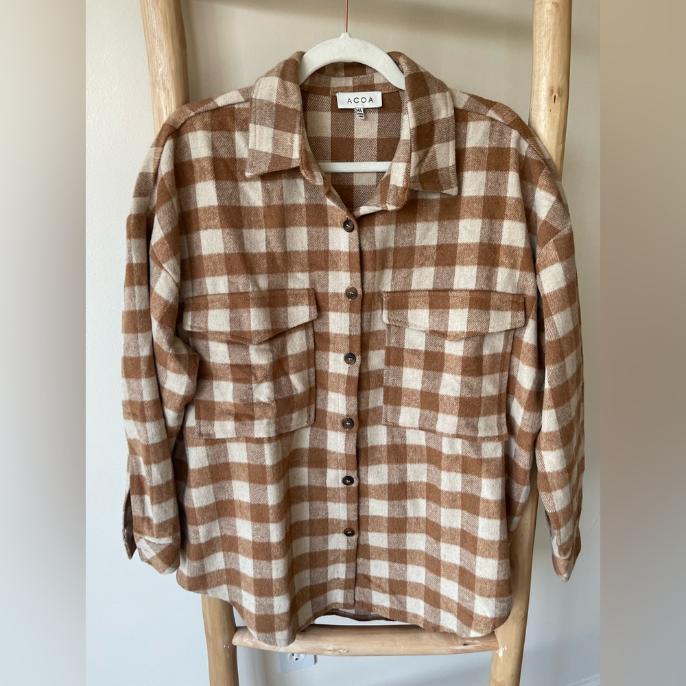 ACOA Boutique Cozy Caramel Tan Buffalo Check Warm Boho Flannel Shirt Shacket M/L